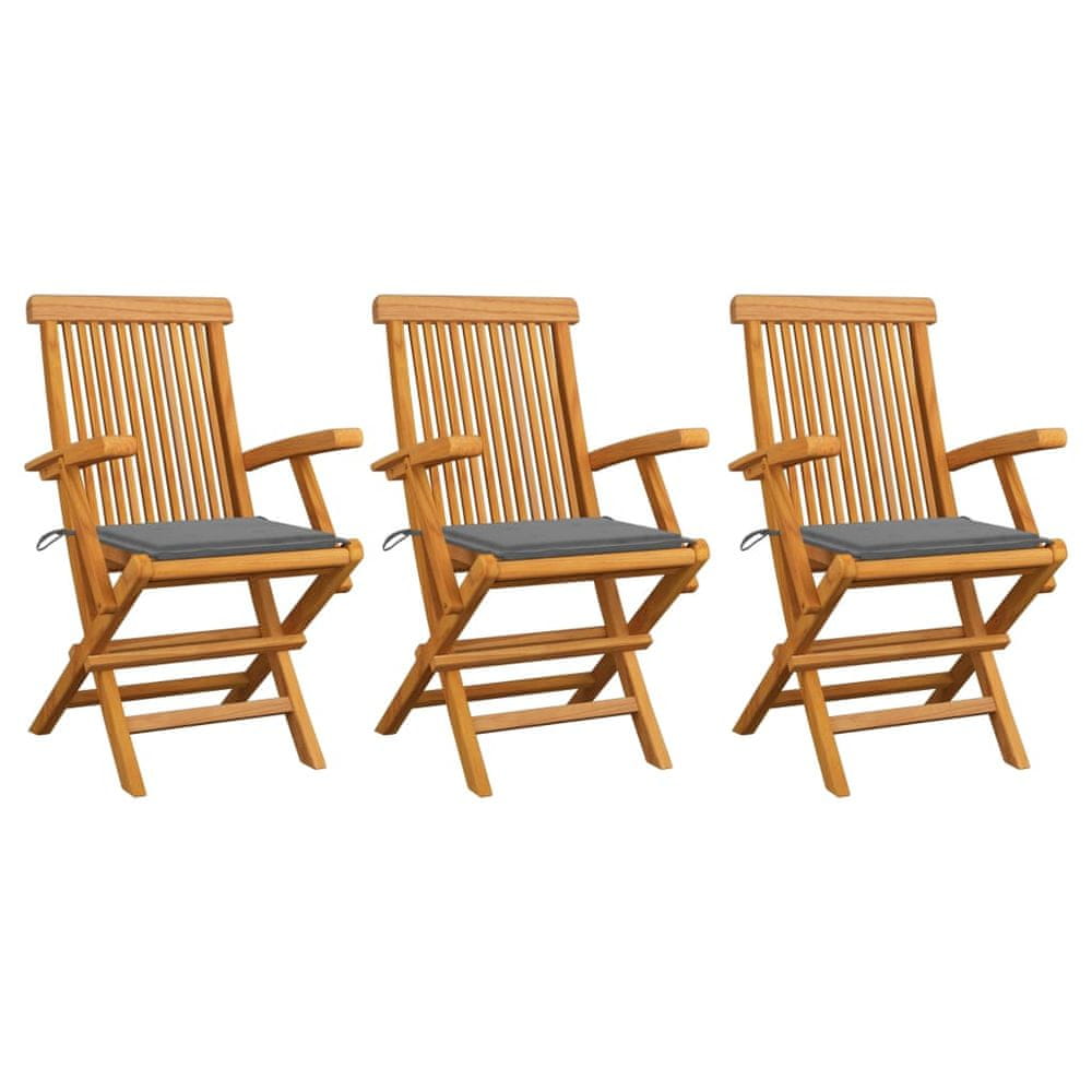 Vidaxl Záhradné stoličky, sivé podložky 3 ks, tíkový masív